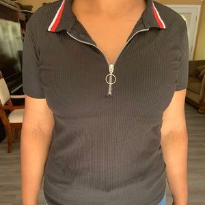 Cute Black Top With Red Collar and Half Zipper